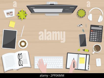 Hands working on wood textured table from top view with computer monitor, keyboard and working devices Stock Vector