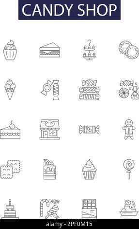Candy shop line vector icons and signs. Sweets, Confectionery, Chocolates, Lollipops, Candyfloss, Cotton Candy, Toffees, Caramels outline vector Stock Vector