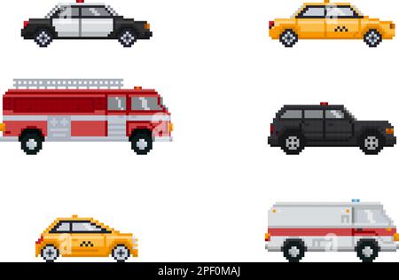 Pixel art transport collection. Vehicles pack, police, ambulance, taxi, fire truck icons isolated. Flat vector illustration set Stock Vector