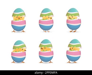 Chicks in broken Easter eggs with stripes set Stock Vector
