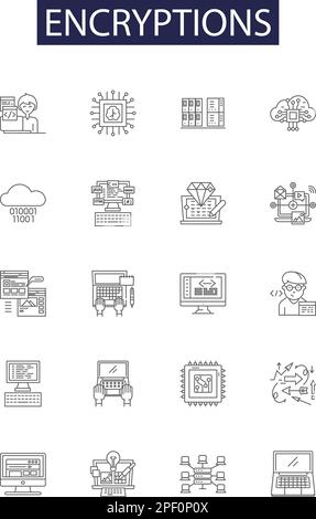 Encryptions line vector icons and signs. Cryptography, Coding, Cybersecurity, Ciphers, Obfuscation, Hashing, Algorithms, Cryptanalysis outline vector Stock Vector