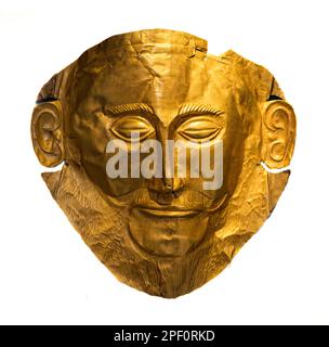 A 16th Century BC,  gold, funerary mask known as the Mask of Agamemnon, from from grave V of grave circle A at Ancient Mycenae, Peloponnese, Greece. Stock Photo