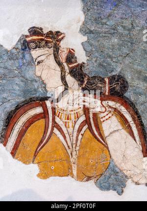 The Mycenaean Lady, a fragment of a 13th century BC wall painting, depicting a goddess recieving a gift. From the Mycenaean citadel, Ancient Mycenae, Stock Photo
