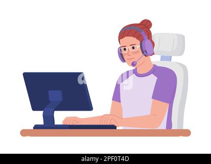 Headphones man playing on computer semi flat color vector character Stock Vector