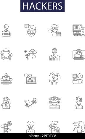 Hackers line vector icons and signs. internet, computer, data, security, virus, cyber, hacking,web outline vector illustration set Stock Vector