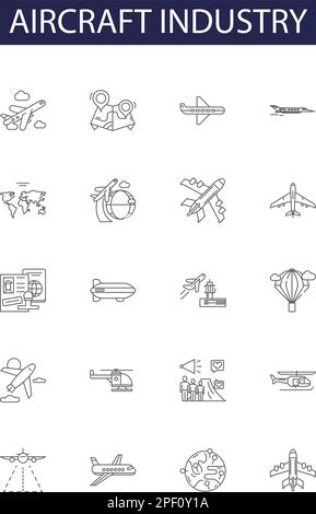 Aircraft industry line vector icons and signs. Aviation, Airplanes, Flying, Piloting, Jets, Fuselage, Propulsion, Propeller outline vector Stock Vector