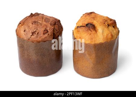 Pair of classico and cioccolato panettoncino isolated on white background Stock Photo