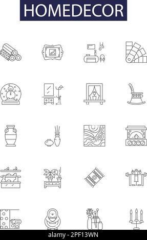 Homedecor line vector icons and signs. Wallpaper, Furnitures, Textiles, Carpets, Curtains, Lamps, Rugs, Mirrors outline vector illustration set Stock Vector