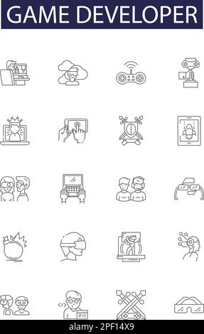 Game developer line vector icons and signs. Developer, Programmer, Coder, Designer, Animator, Artist, Writer, Concept outline vector illustration set Stock Vector