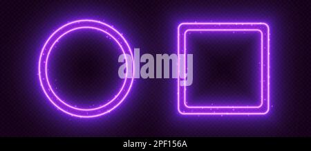 Neon frames, glowing borders with sparkles, purple led circle and square with double borders. Stock Vector