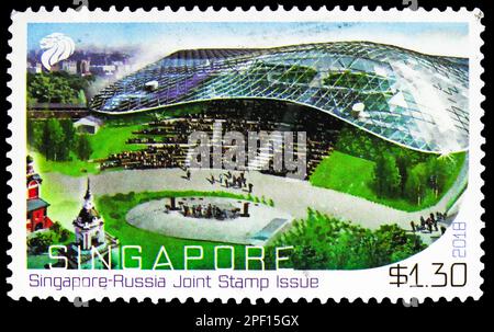 MOSCOW, RUSSIA - FEBRUARY 17, 2023: Postage stamp printed in Singapore shows Modern Architecture, Singapore-Russia Joint Issue : Architecture (2018) s Stock Photo