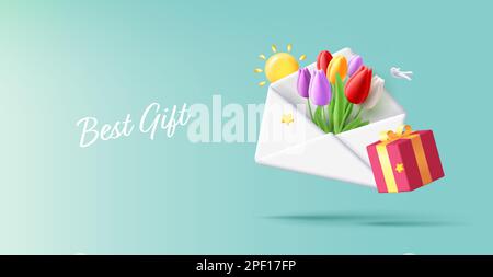 Spring postcard with 3d big white envelope with tulip bouquet inside and gift box, sun and bird around it, render digital fresh composition Stock Vector