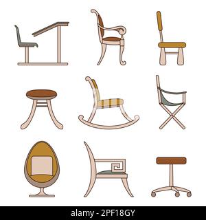 Set of line icons Chairs. Different types of armchairs, furniture. Beige color of interior items isolated on a white background. Computer, children, c Stock Vector