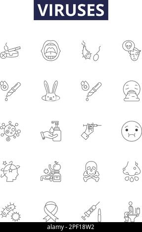 Viruses line vector icons and signs. Microbes, Pathogens, Contagion, Infections, Bacteria, Malware, Trojans, Worms outline vector illustration set Stock Vector
