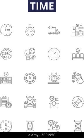 Time line vector icons and signs. Span, Moment, Interval, Clock, Duration, Age, Instant, Date outline vector illustration set Stock Vector