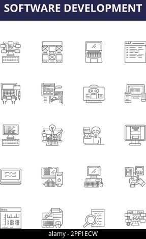 Software development line vector icons and signs. Software, Coding, Programming, Testing, Deployment, Debugging, Analysis, Design outline vector Stock Vector