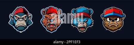 Cartoon animal head, red and blue sport logo collection with white outlined. Angry face of gorilla, grizzly, bear and beaver characters. Sport team Stock Vector