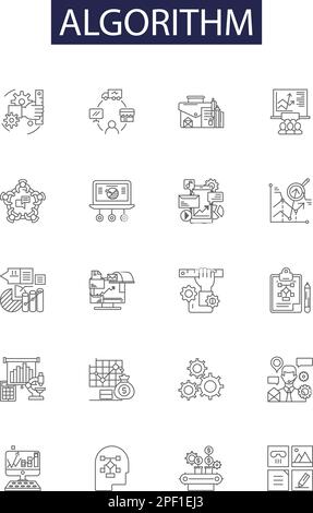 Algorithm line vector icons and signs. Programming, Complexity, Implicit, Computation, Automation, , Recursion, Formalization outline vector Stock Vector