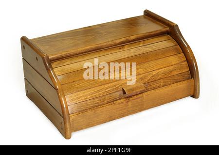 Wooden bread box isolated on white background. Kitchen pastry container Stock Photo