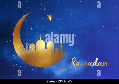 Ramadan concept in crescent moon shape with arabic islamic mosque for Holy Month of Muslim Community Festival celebration, vector gold silhouette Stock Vector