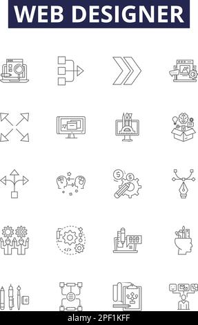 Web designer line vector icons and signs. Designer, CSS, HTML, Javascript, UX, UI, Markup, Layout outline vector illustration set Stock Vector