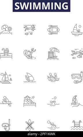 Swimming line vector icons and signs. Swim, Stroke, Recreational, Competitive, Training, Lap, Olympics, Marathon outline vector illustration set Stock Vector