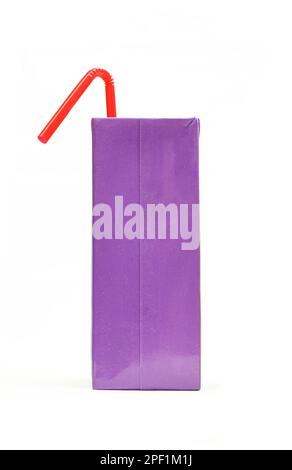 Purple carton box with red plastic straw. Rectangular paper juice pack Stock Photo