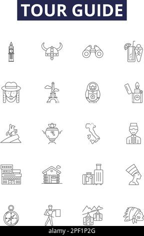 Tour guide line icons, signs set, vector. Tour guide outline concept ...