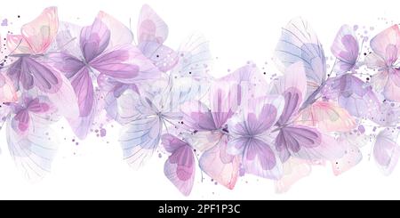 Pink, lilac and blue butterflies, gentle, airy, flying. Watercolor illustration. Seamless border on a white background. For decoration and design of Stock Photo