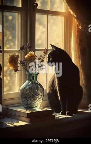 Black cat looking through window with wild flowers in a glass vase on top of of a pile of books. Golden hour light. Vintage Stock Photo