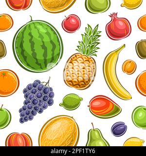Vector Fruits Seamless Pattern, square repeating background with cut out illustration of ripe different fruits for wrapping paper, group of flat lay h Stock Vector