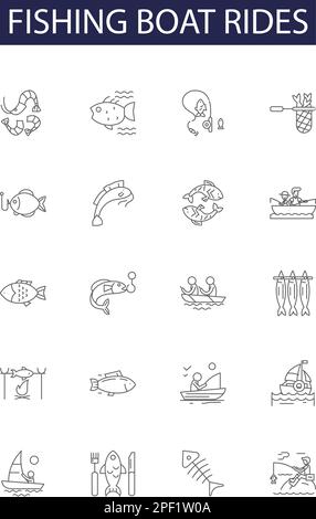 Fishing boat rides line vector icons and signs. fishing, travel, water, summer, nature, lake, sea,vacation outline vector illustration set Stock Vector