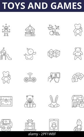 Toys and games line vector icons and signs. Games, Dolls, Action, Figures, Cars, Building, Puzzles, Card outline vector illustration set Stock Vector