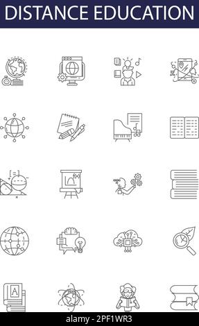 Distance education line vector icons and signs. Education, Online, Learning, Virtual, Courses, Classes, Self-Study, Remote outline vector illustration Stock Vector