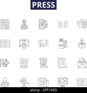 Press line vector icons and signs. Printing, Journalism, Media, Newspaper, Magazine, Publish, Censorship, Editor outline vector illustration set Stock Vector