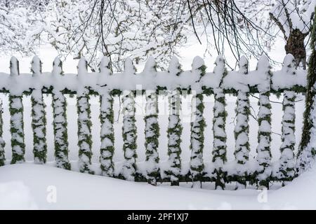Old fence overgrown with moss, covered with snow in a garden with large snowdrifts. Stock Photo
