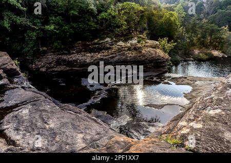 Tranquil pool of water just above DeSoto Falls in DeSoto State Park near Fort Payne, Alabama. Stock Photo