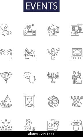Events line vector icons and signs. people, business, conference, meeting, background, seminar, happy,celebration outline vector illustration set Stock Vector