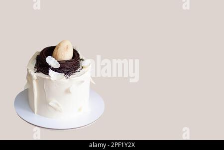 Elegant easter cake decorated with chocolate bird's nest, egg and feathers. Grey background with copy space. Horizontal orientation Stock Photo