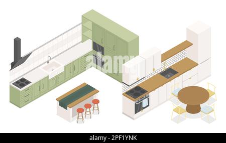 Finished kitchen design - modern vector colorful isometric illustrations set Stock Vector
