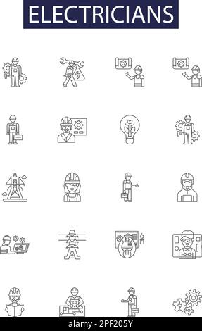 Electricians line vector icons and signs. Electrician, Electric, Wiring, Power, Electrical, Panel, Cable, Lighting outline vector illustration set Stock Vector