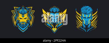 Ukrainian warrior sticker set, yellow and blue defender face emblems, UA soldier head with trident Ukraine symbol, creative art, modern logo Stock Vector
