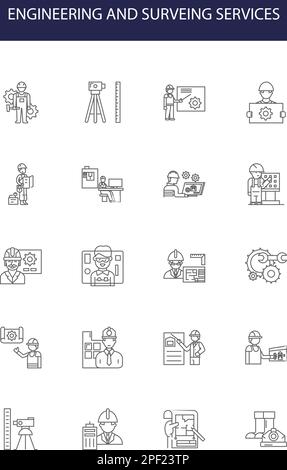 Engineering and surveing services line vector icons and signs. icons, business, level, theodolite, topography, equipment, well drilling,engineering Stock Vector