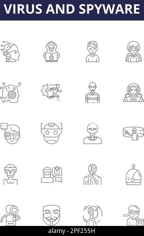 Virus and spyware line vector icons and signs. spyware, security, computer, hacker, attack, technology, malware,online outline vector illustration set Stock Vector