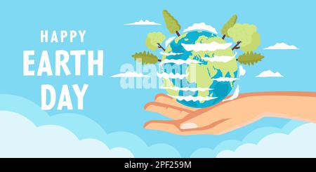 happy earth day banner illustration in flat style with hands holding earth Stock Vector