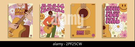 Music festival poster templates set with musician and musical instrument. Flyers, music party banners of man playing guitar flat vector illustration. Stock Vector