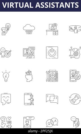 Virtual assistants line vector icons and signs. Assistants, AI, Chatbot, Automated, Siri, Cortana, Alexa, Google outline vector illustration set Stock Vector