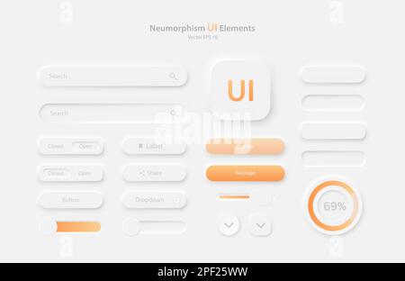 A collection of user interface elements for a mobile application in white and orange. Stock Vector