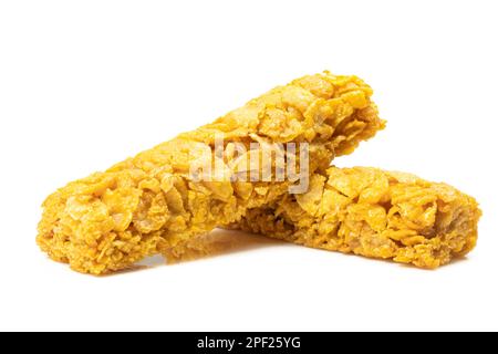 Two sticks of cereal cornflake bars isolated on white background Stock Photo