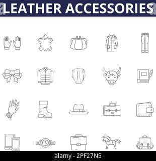 Leather accessories line vector icons and signs. Accessories, Belts, Handbags, Purses, Wallets, Shoes, Boots, Sandals outline vector illustration set Stock Vector